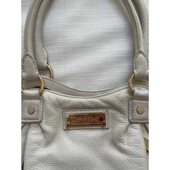 Calvin Klein Ivory Leather Double Strap Satchel Shoulder Handbag - Picture 3 of 8